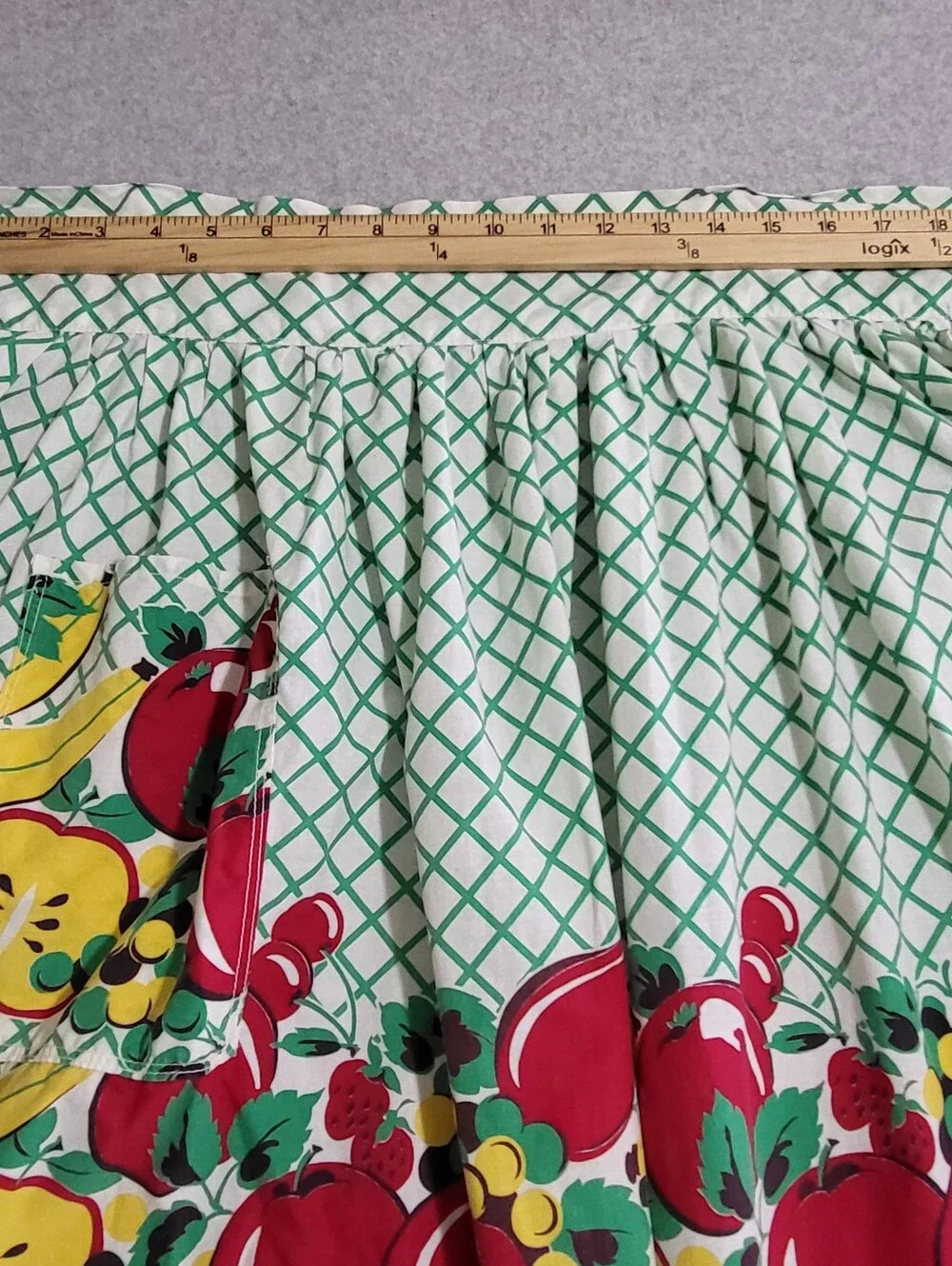 Vintage Handmade Half Apron Fruit Band Green White Grid MCM Kitsch Cottagecore